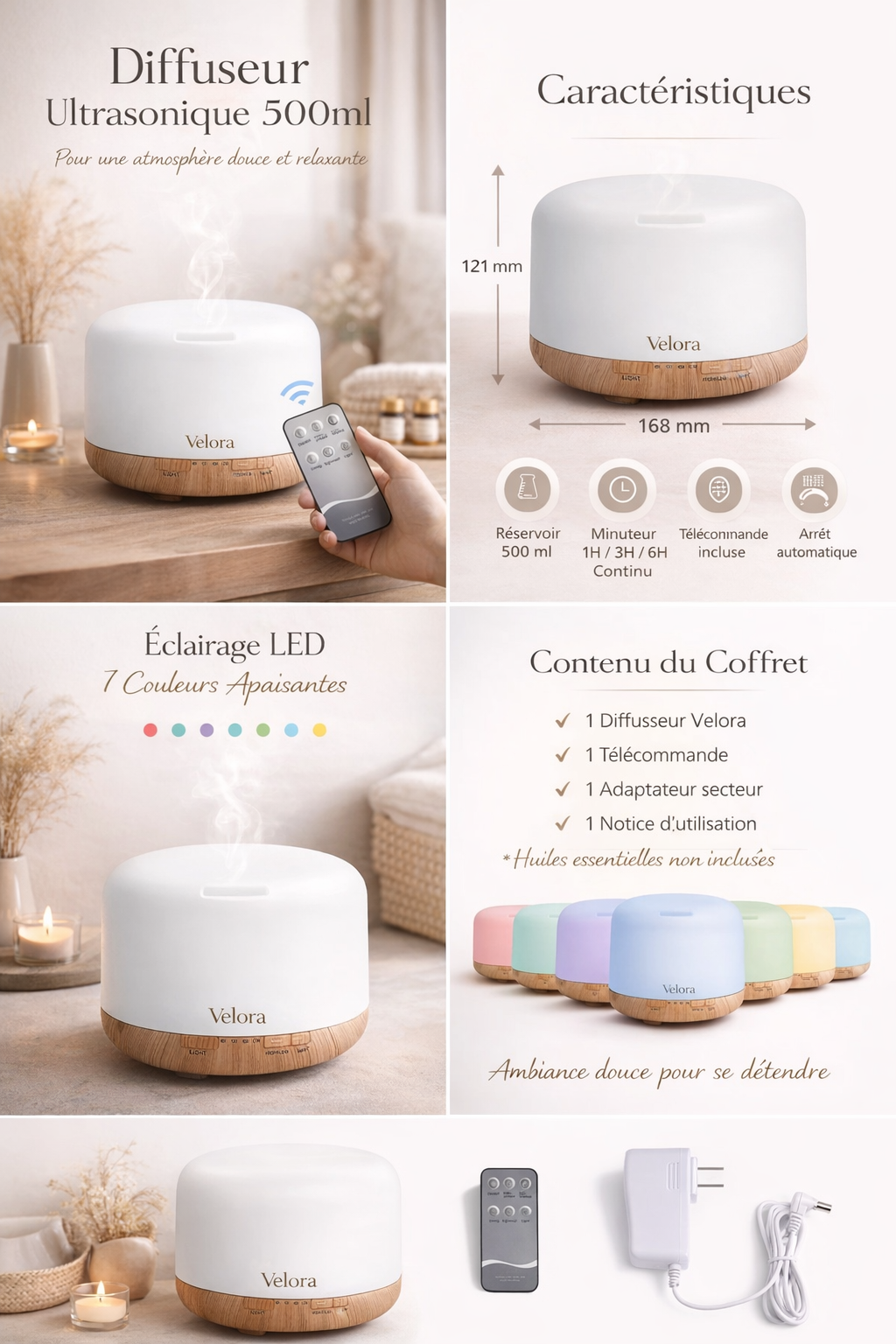Velora Diffuser – Soothing Mist 500 ml with Remote Control &amp; 7-Color LED