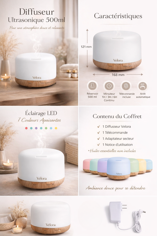 Diffuseur Velora – Brume Apaisante 500 ml & LED 7 couleurs